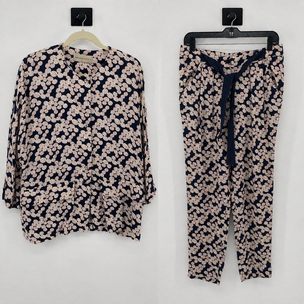 Purificacion Garcia Pant Set Womens S 36 Navy Blue Cream Geometric Print Co-ord